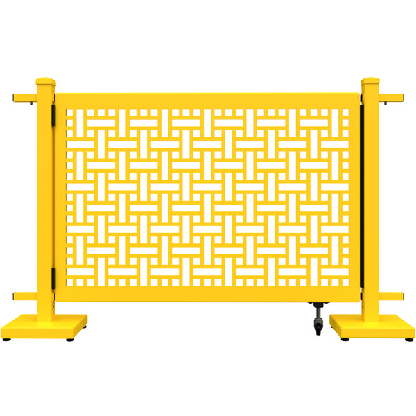 A yellow rectangular gate with a white square weave pattern.