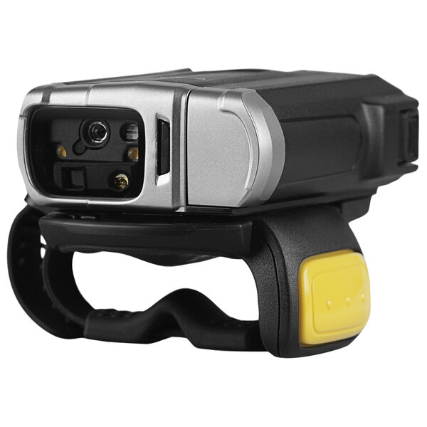 A black and yellow Zebra RS60B0 ring barcode scanner with a yellow trigger.