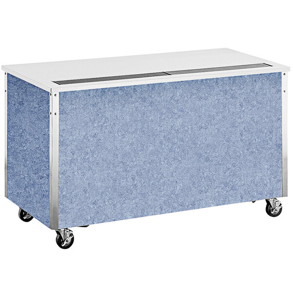 A white rectangular Vollrath beverage counter with a blue surface on wheels.