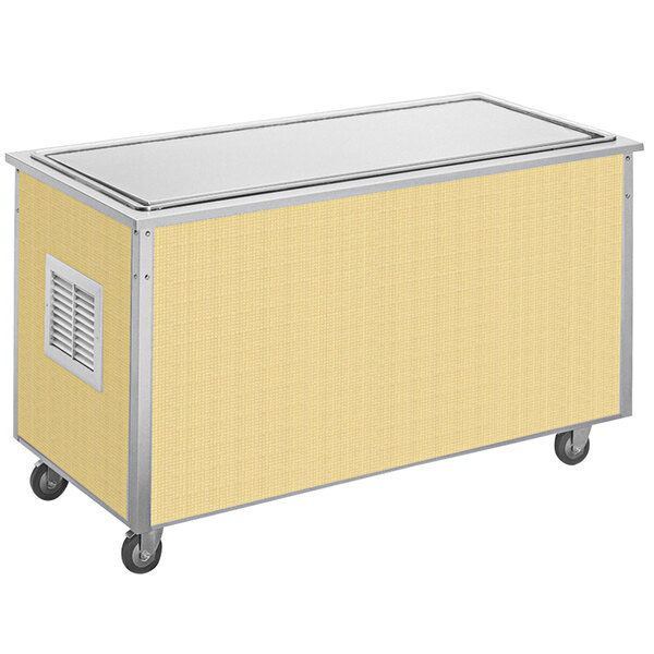 A yellow and silver Vollrath Signature Server frost top with a stainless steel counter and glass top.