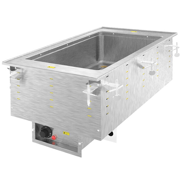 A large stainless steel Vollrath drop-in hot food well with a drain.