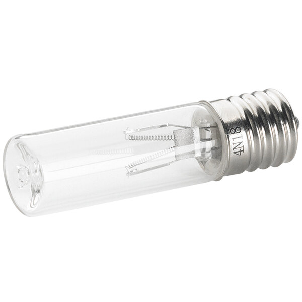 A clear light bulb with a silver cap.