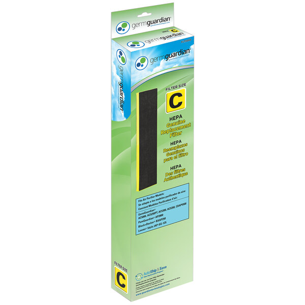 A green Guardian Technologies HEPA filter box with yellow and black text.