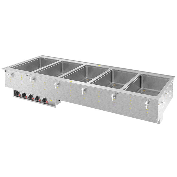 A stainless steel Vollrath drop-in hot food well with five compartments.