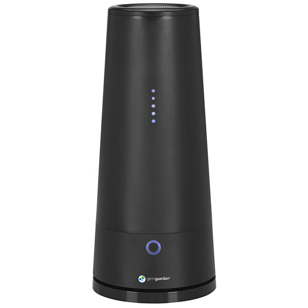 A black cylindrical Guardian Technologies air sanitizer with blue lights.