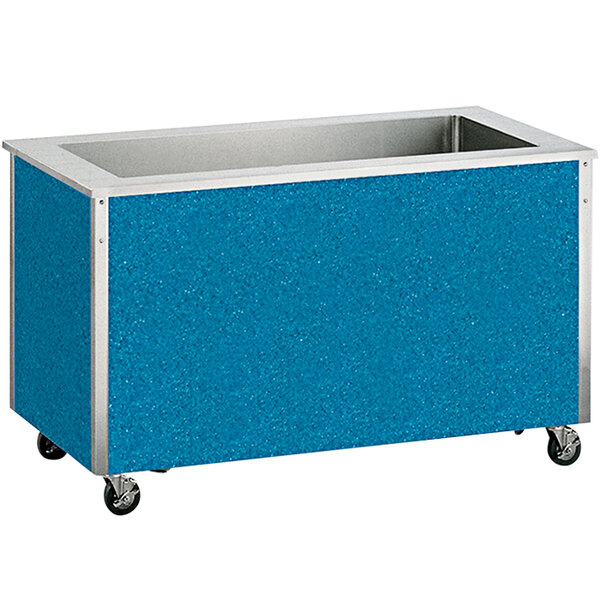 A Vollrath refrigerated cold food station with a stainless steel counter and blue and silver rectangular containers.