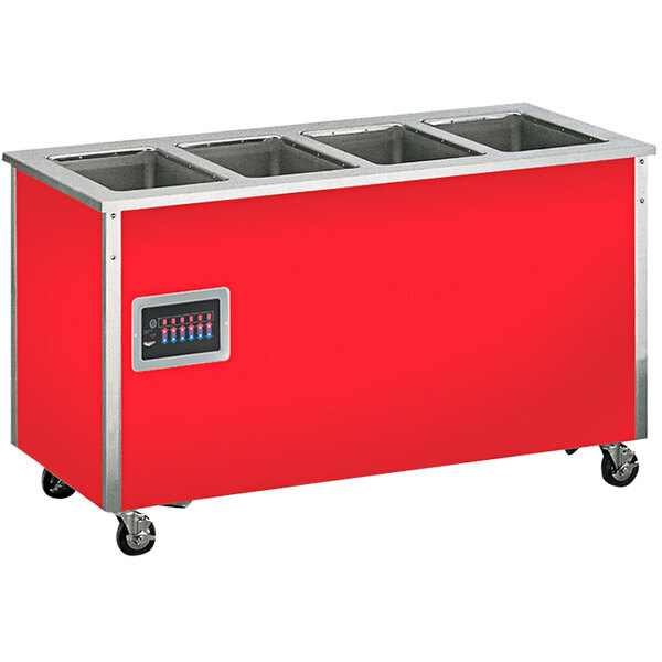 A red rectangular Vollrath hot food station base with five wells on a stainless steel counter.
