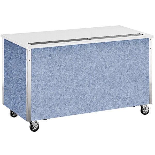 A white rectangular counter with a blue surface on wheels.