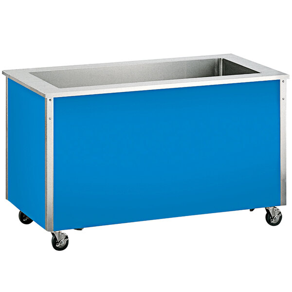 A blue and silver Vollrath Signature Server Bain Marie hot food station on wheels.
