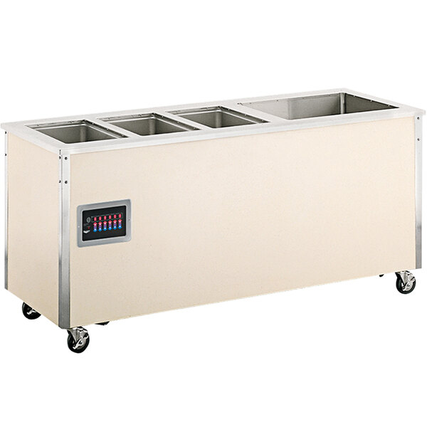 A white stainless steel counter with a refrigerated food station with four compartments.