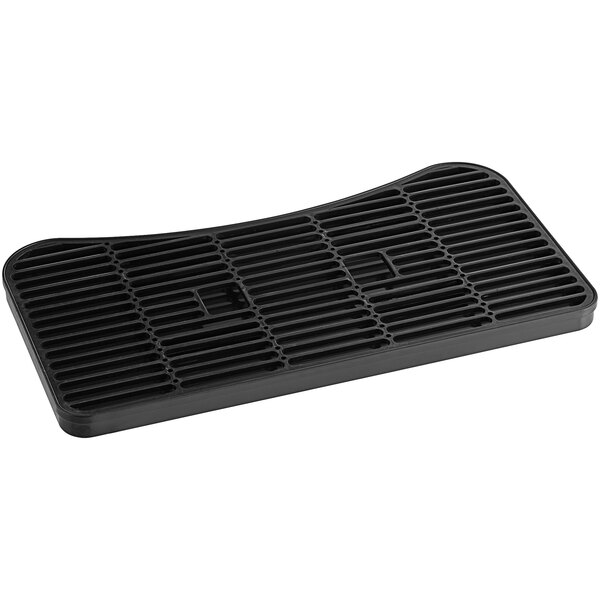 A black plastic drip tray with a grid pattern and a drain cover.