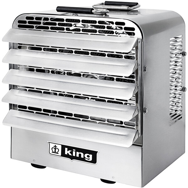A silver metal King Electric portable unit heater with vents and a black handle.