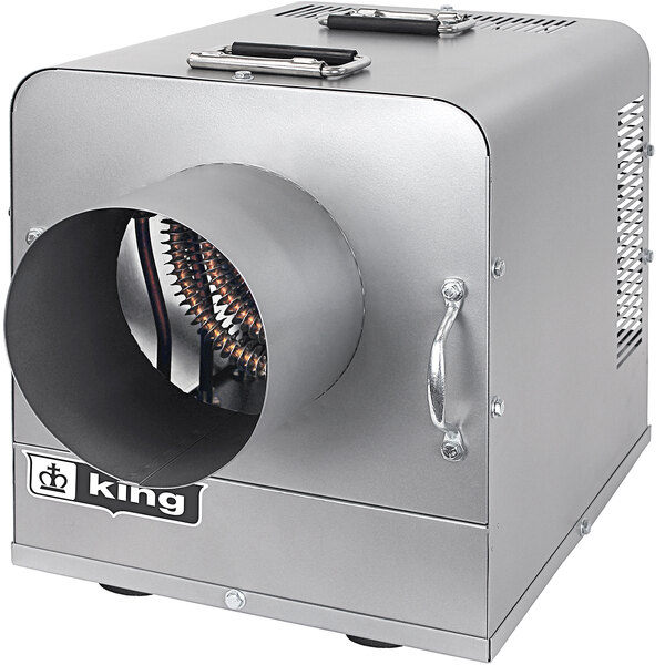 A grey rectangular King Electric ducted portable unit heater with a round vent.