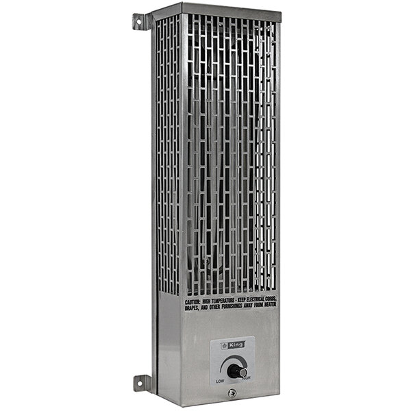 A stainless steel King Electric rectangular pumphouse heater with a metal grate.