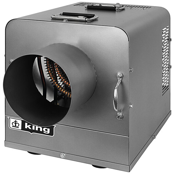 A grey rectangular King Electric ducted portable unit heater with a round vent.