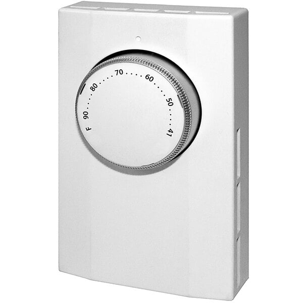 A white rectangular King Electric single pole mechanical thermostat with a temperature dial.