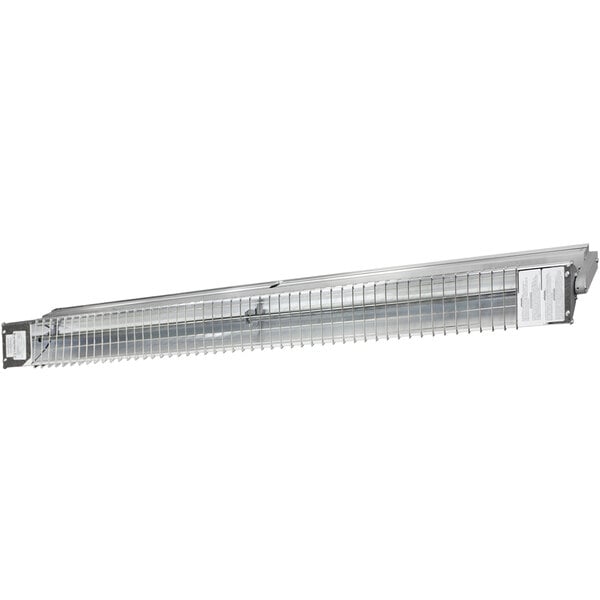 A long metal radiant heater with a white background.