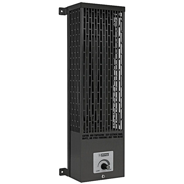 A black rectangular King Electric pumphouse heater with a metal grate on top.