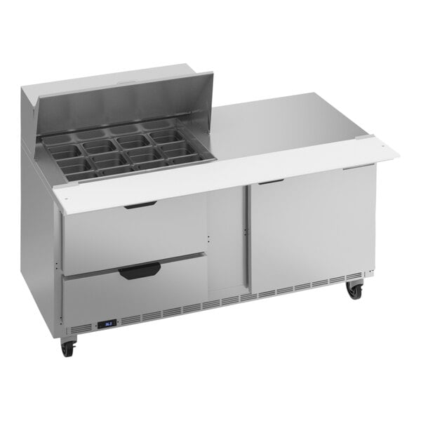 A Beverage-Air stainless steel sandwich prep table with 2 drawers on a counter.