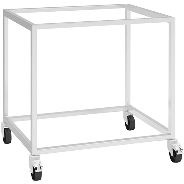A white metal open base stand with black wheels.