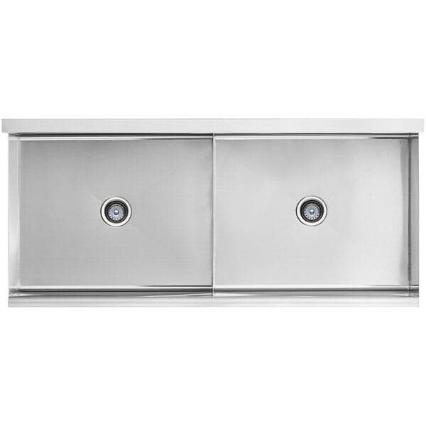A Regency stainless steel utility sink with two bowls and two holes.