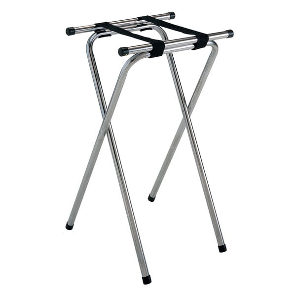 A metal GET tray stand with two legs.