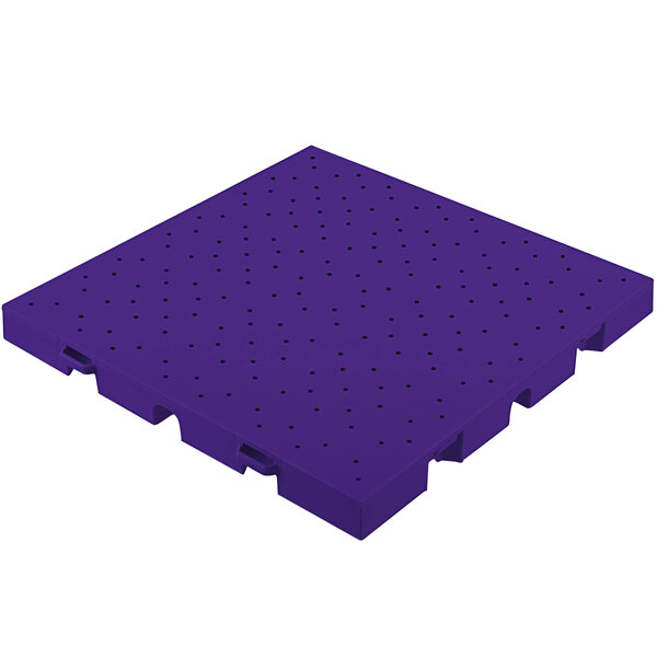 A purple plastic square EverBlock Flooring drainage top with holes.