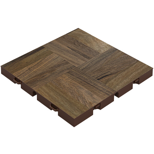 An EverDance dark wood parquet floor panel with four pieces of wood forming a square.
