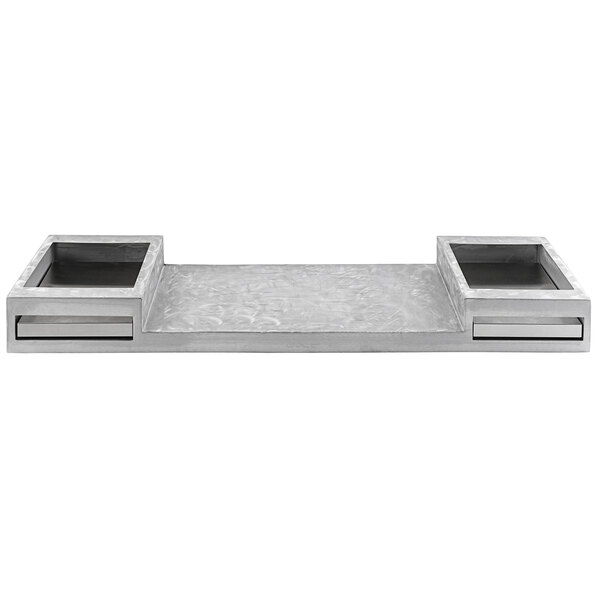 A white rectangular aluminum butane station with a clear random swirl design and two square compartments.