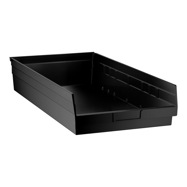 A black rectangular plastic bin with slightly angled sides and an open front.