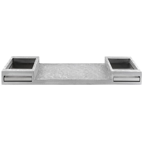 A silver rectangular Tablecraft double butane station with a random swirl design on it.