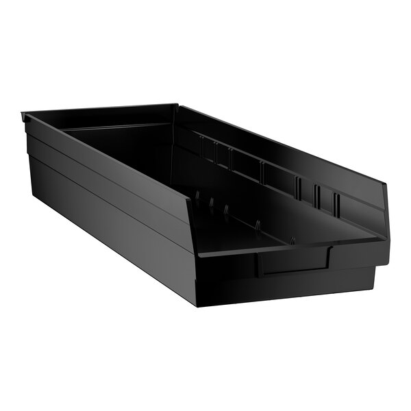 A black rectangular plastic bin with a slanted open front and raised sides.