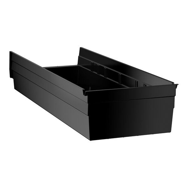 A black rectangular plastic bin with high sides and an open top.