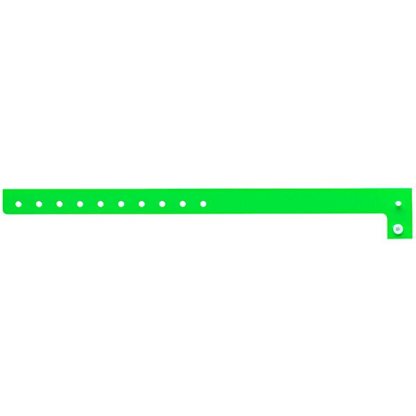 A neon green plastic wristband with holes.