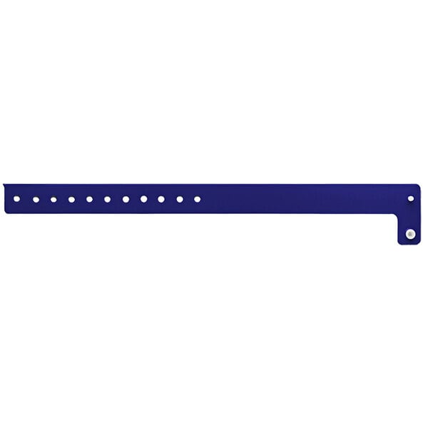 A navy blue plastic wristband with a white circle and holes.