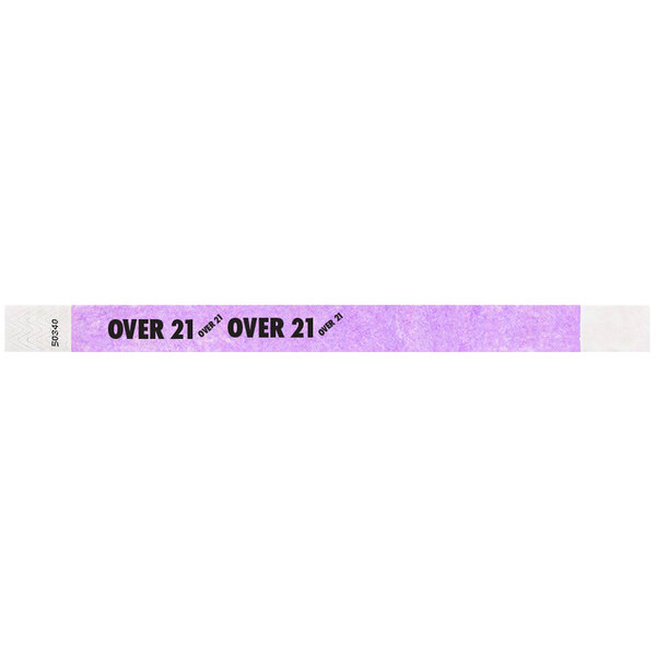 A light purple paper wristband with black text reading "OVER 21" and a white background.