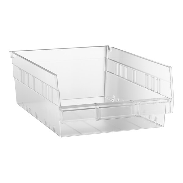 A clear, rectangular plastic bin with slightly angled sides and a lowered front edge.