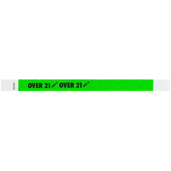 Carnival King Neon Green "OVER 21" Disposable Tyvek® Wristband 3/4" x 10" - 500/Bag