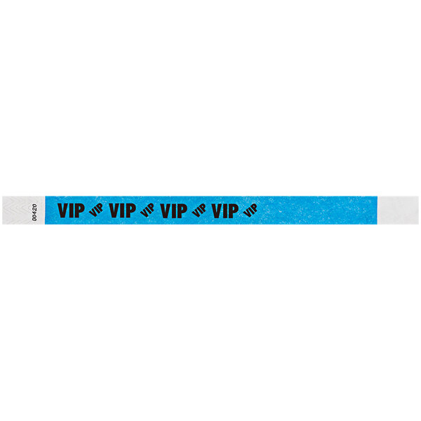 A neon blue Carnival King Tyvek wristband with black text that says "VIP"