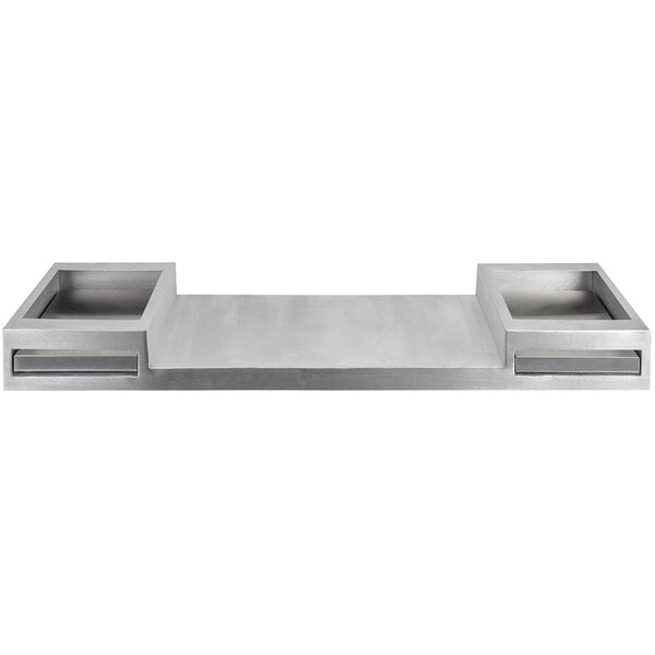 A silver brushed aluminum Tablecraft double butane station with two compartments.