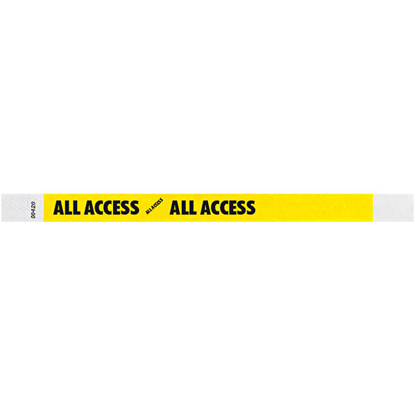 A neon yellow wristband with a yellow and white striped pattern and black text that reads "ALL ACCESS"