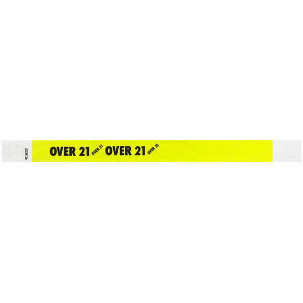 Carnival King Highlighter Yellow "OVER 21" Disposable Tyvek® Wristband 3/4" x 10" - 500/Bag