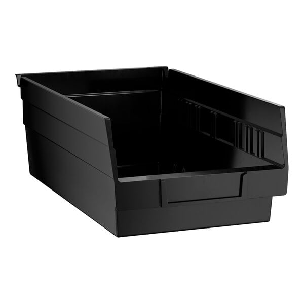 A black plastic shelf bin used for storage and organization.