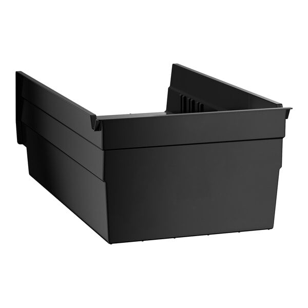 A black plastic shelf bin with open front, measuring 11 5/8 inches by 6 5/8 inches by 4 inches.
