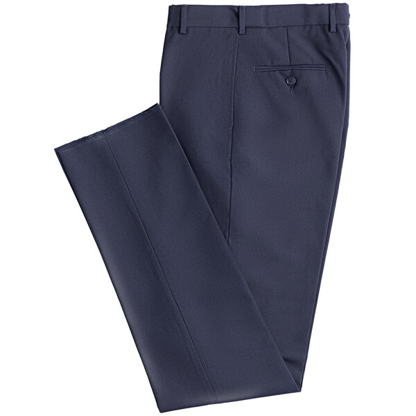 A pair of folded navy Henry Segal women's suit pants with a pocket.
