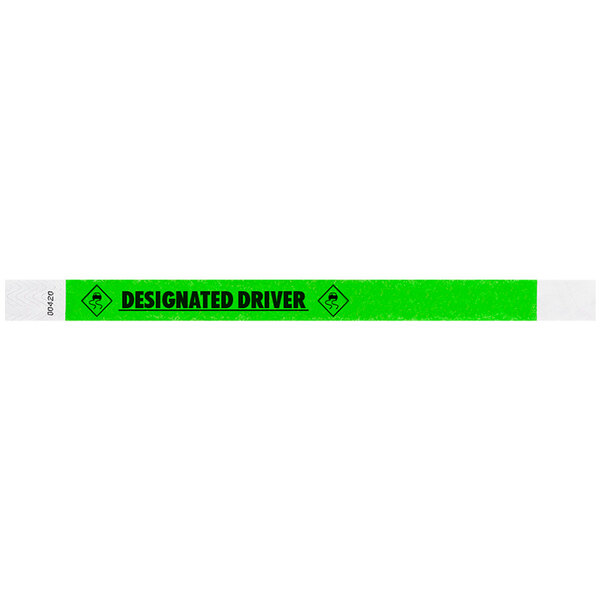 Carnival King Neon Green "DESIGNATED DRIVER" Disposable Tyvek® Wristband 3/4" x 10" - 500/Bag