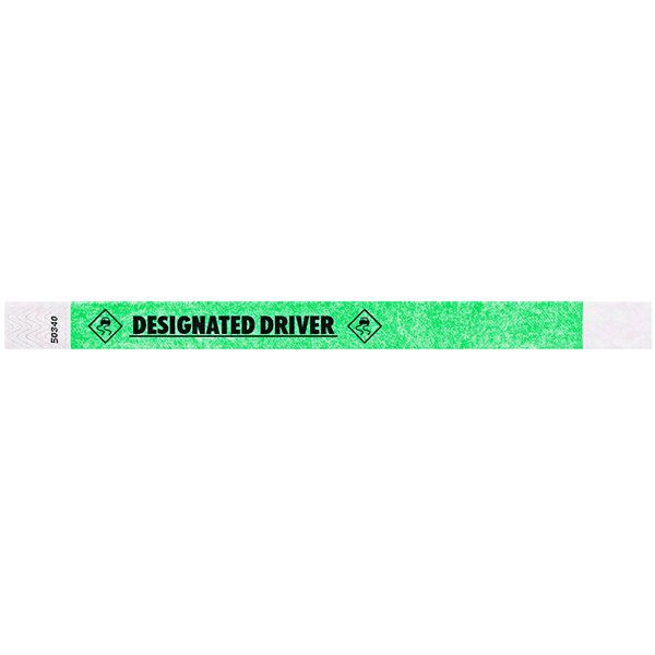 A mint green wristband with black text reading "DESIGNATED DRIVER".