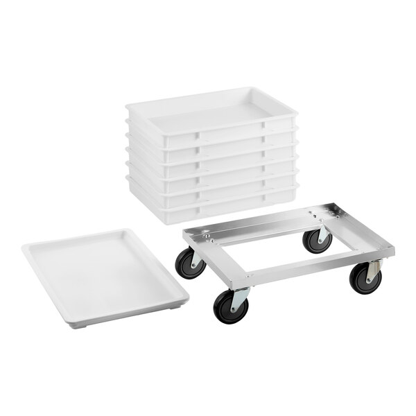 A set of six white dough proofing trays with an aluminum dolly for easy transport.