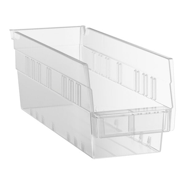 A clear plastic shelf bin with a rectangular shape and open front.