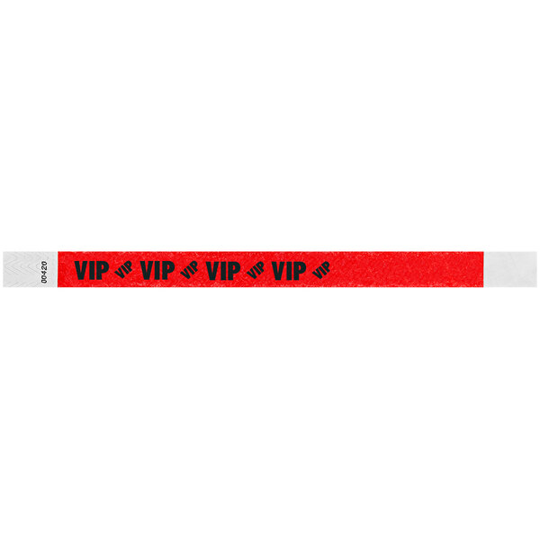A red Tyvek wristband with black and white "VIP" text.